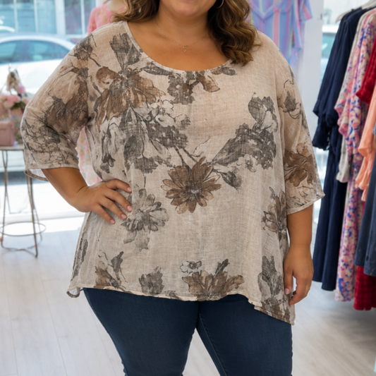 Beige & Taupe Floral Cotton Top (One Size)