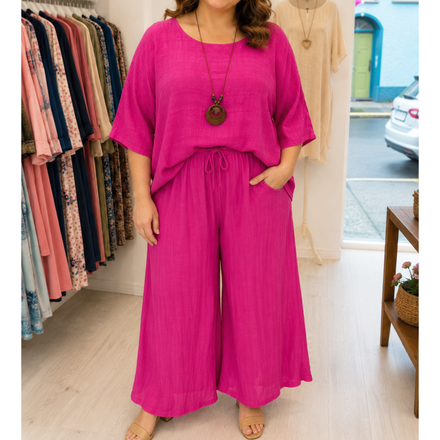 Cerese Pink Cotton Top/Necklace (One Size)