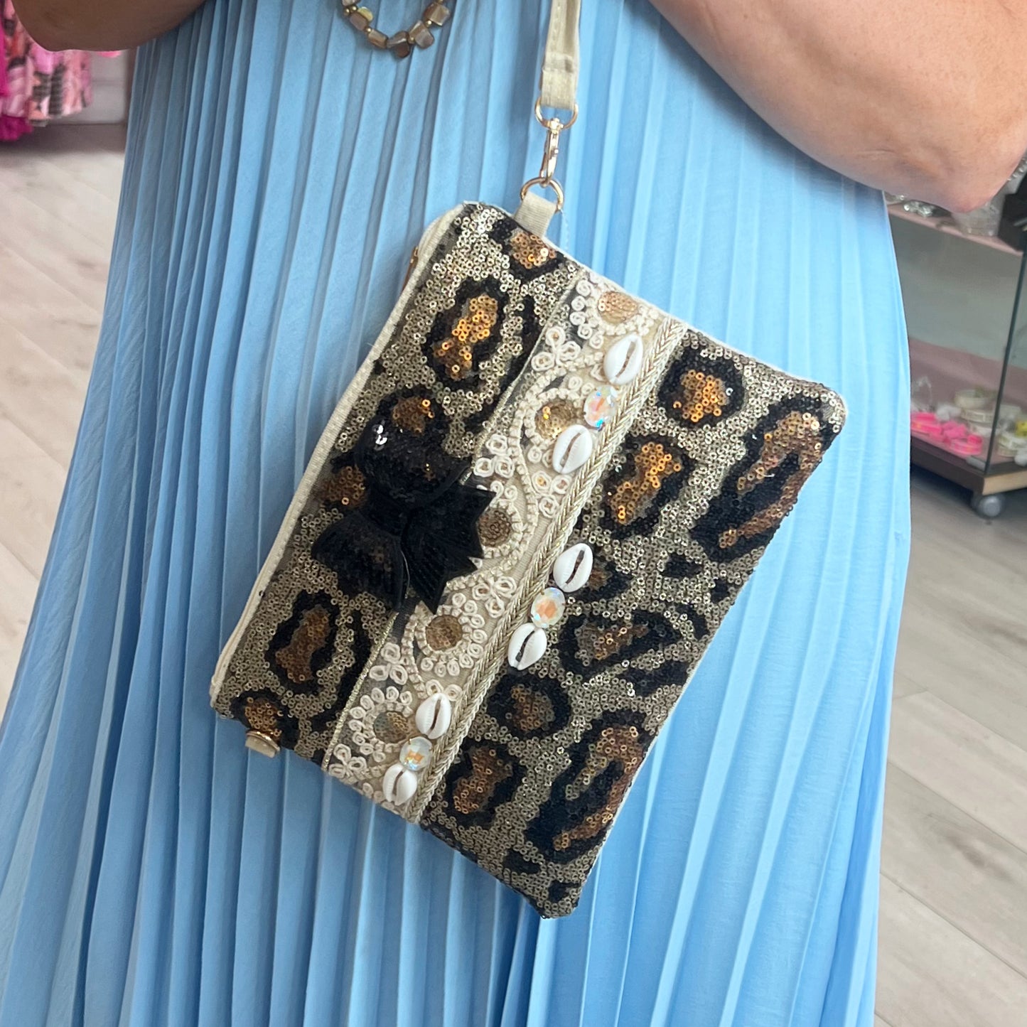Leopard Sequenced & Cream Lurex WristBag/Crossbody