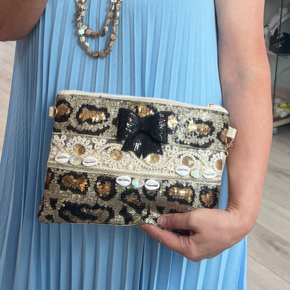 Leopard Sequenced & Cream Lurex WristBag/Crossbody