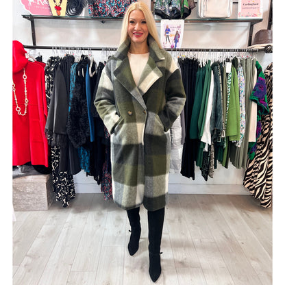 Checked Oversized Wool Coat Khaki Green & Cream