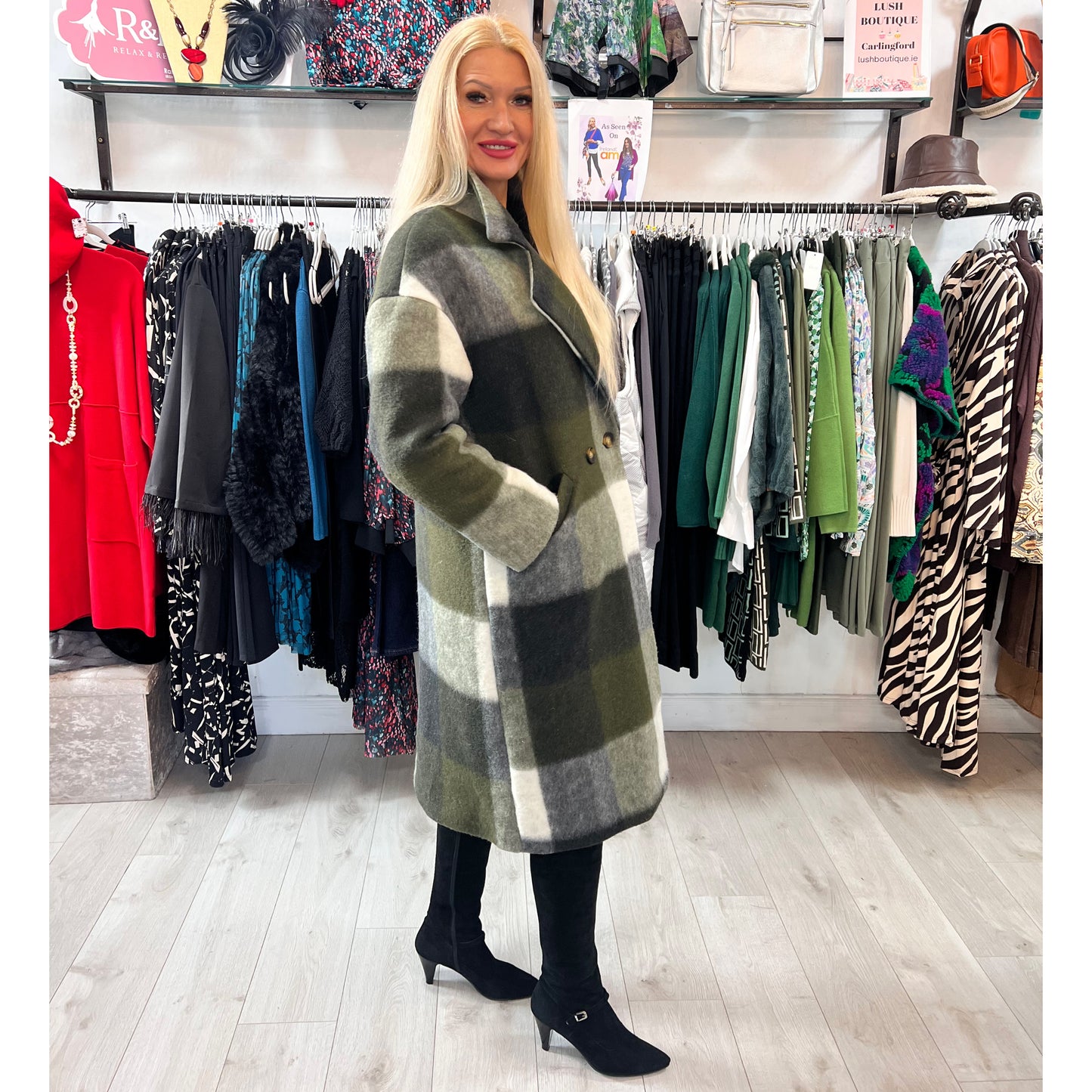 Checked Oversized Wool Coat Khaki Green & Cream