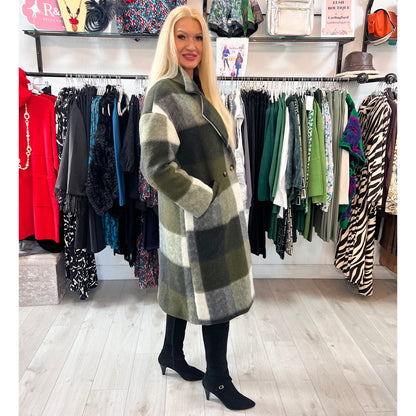 Checked Oversized Wool Coat Khaki Green & Cream
