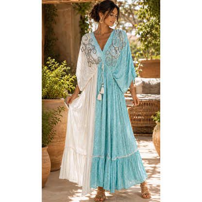 Aqua & Cream Boho Maxi Dress (PRE-ORDER)