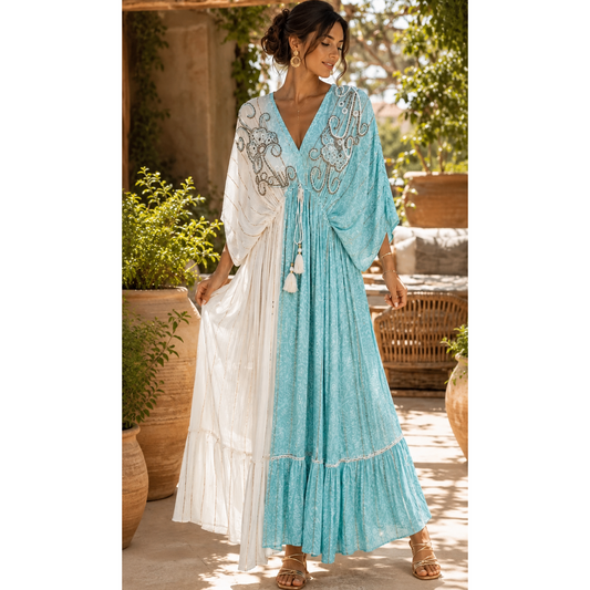 Aqua & Cream Boho Maxi Dress (PRE-ORDER)