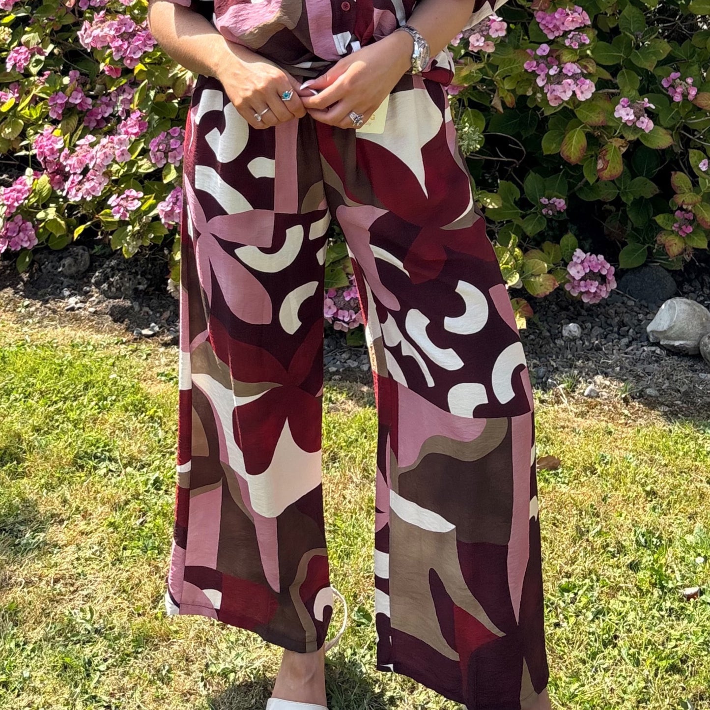 Wine & Cream Abstract Elasticated Trousers