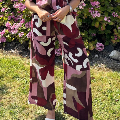 Wine & Cream Abstract Elasticated Trousers