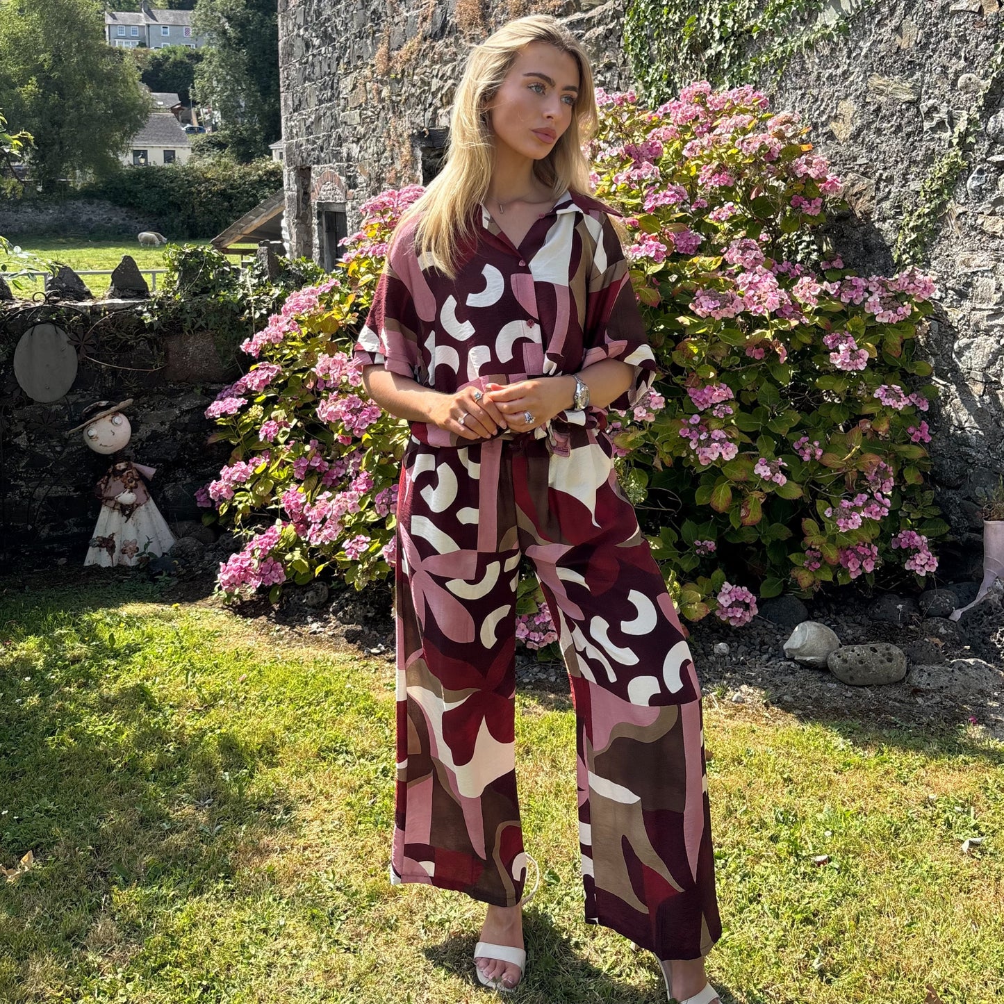 Wine & Cream Abstract Elasticated Trousers