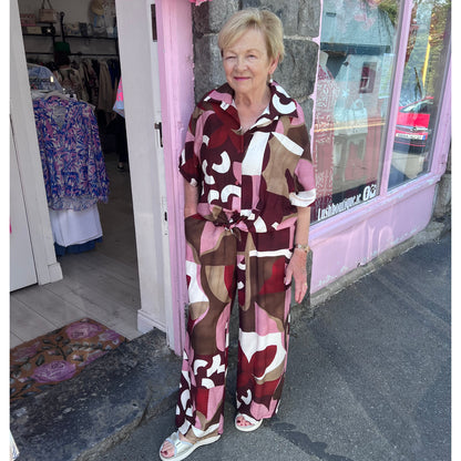 Wine & Cream Abstract Elasticated Trousers