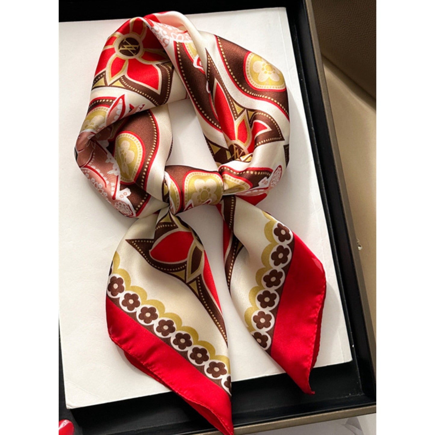 Rectangular Neck Scarf Red Brown & Cream Print