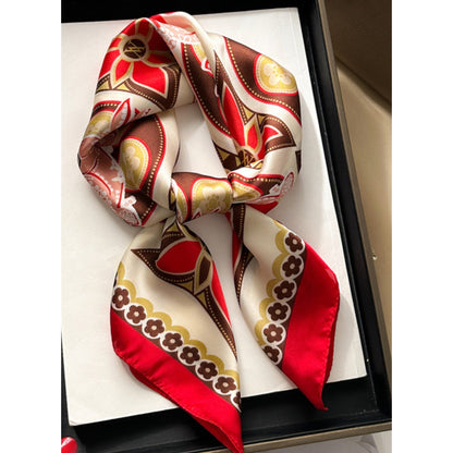 Rectangular Neck Scarf Red Brown & Cream Print