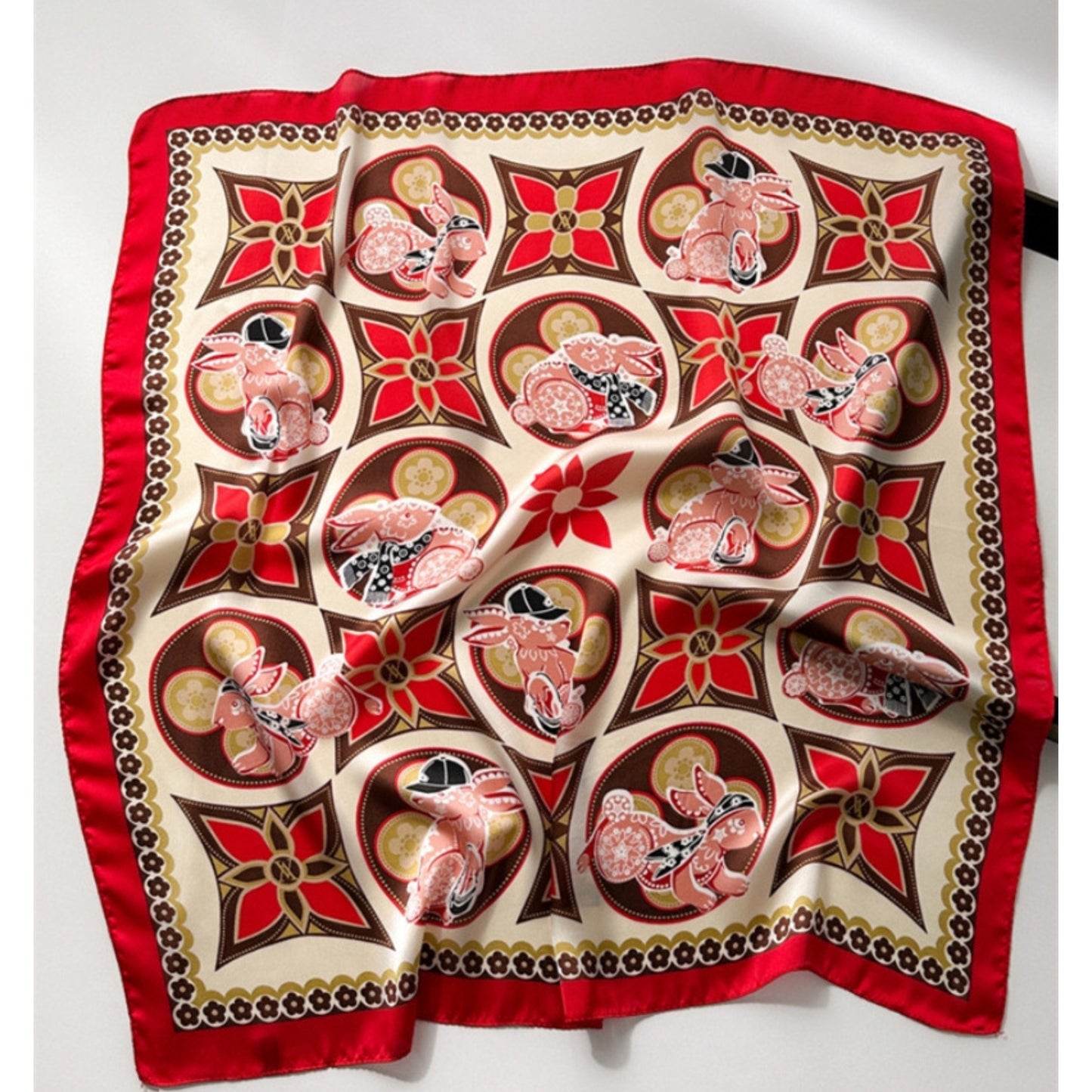 Rectangular Neck Scarf Red Brown & Cream Print