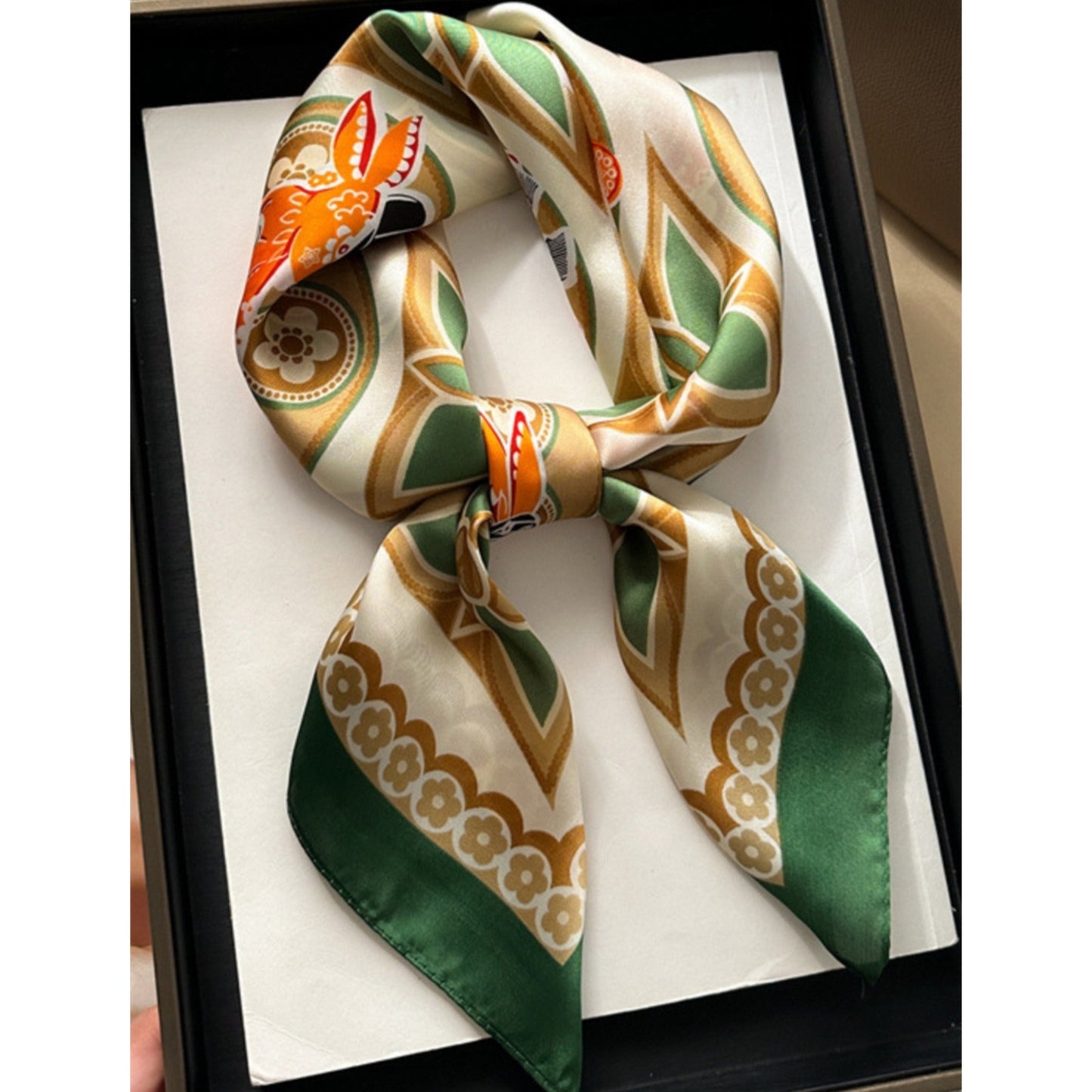 Rectangular Neck Scarf Green Orange Cream Print