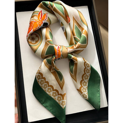 Rectangular Neck Scarf Green Orange Cream Print