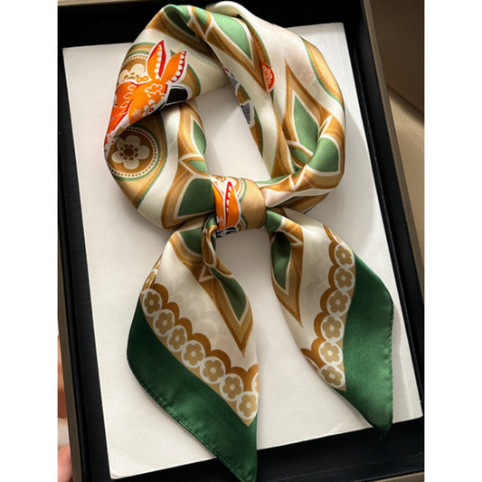 Rectangular Neck Scarf Green Orange Cream Print