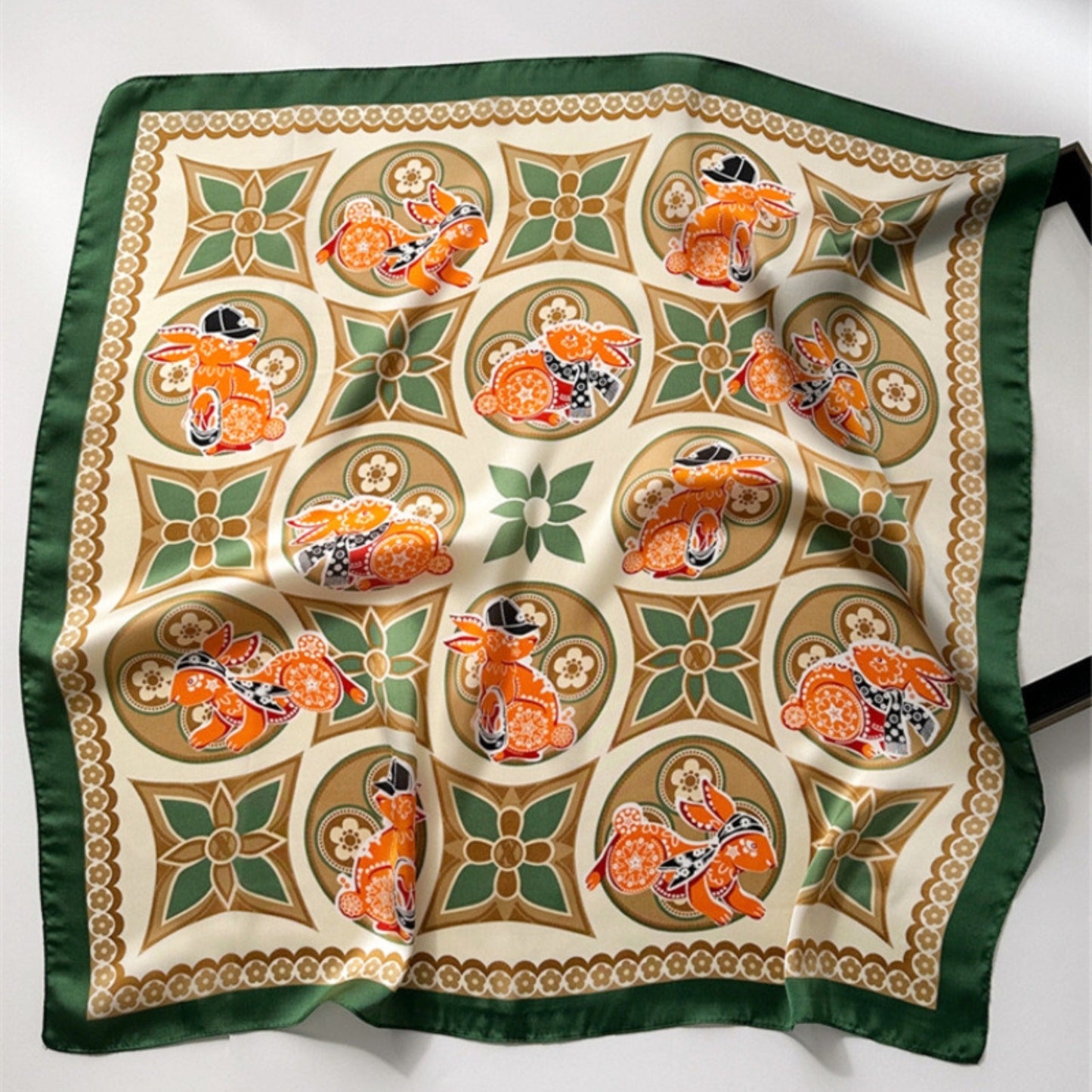 Rectangular Neck Scarf Green Orange Cream Print