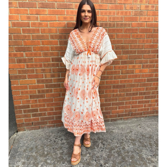 Sunset Boho Embroidered Midi Dress – Orange & Cream (One Size)