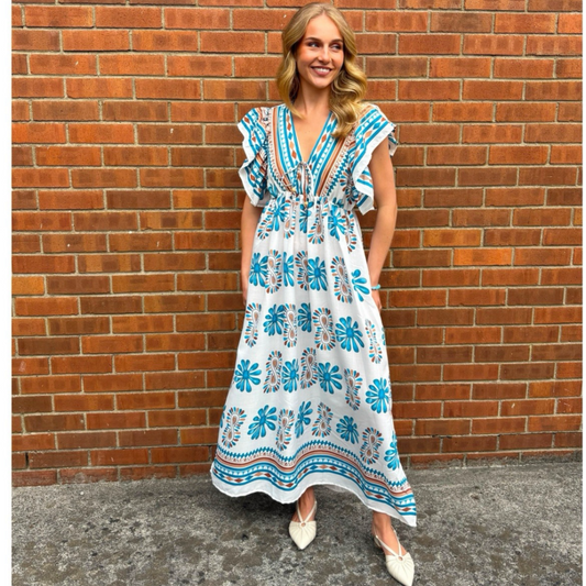 White Turquoise & Taupe Boho Print Maxi Dress (Fits 8-12)