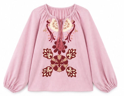 Boho Embroidered Cotton Top Wine & Cream
