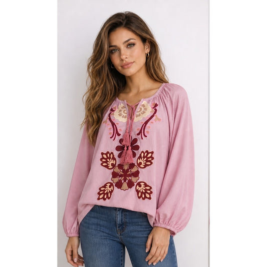 Boho Embroidered Cotton Top Wine & Cream