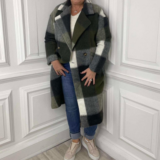 Checked Oversized Wool Coat Khaki Green & Cream