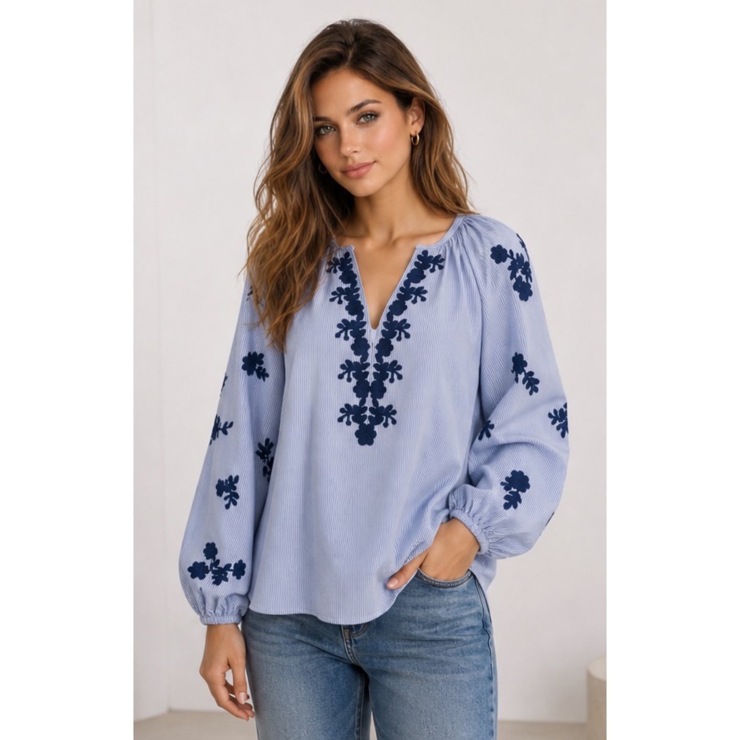 Boho Embroidered Cotton Top Blue & Navy
