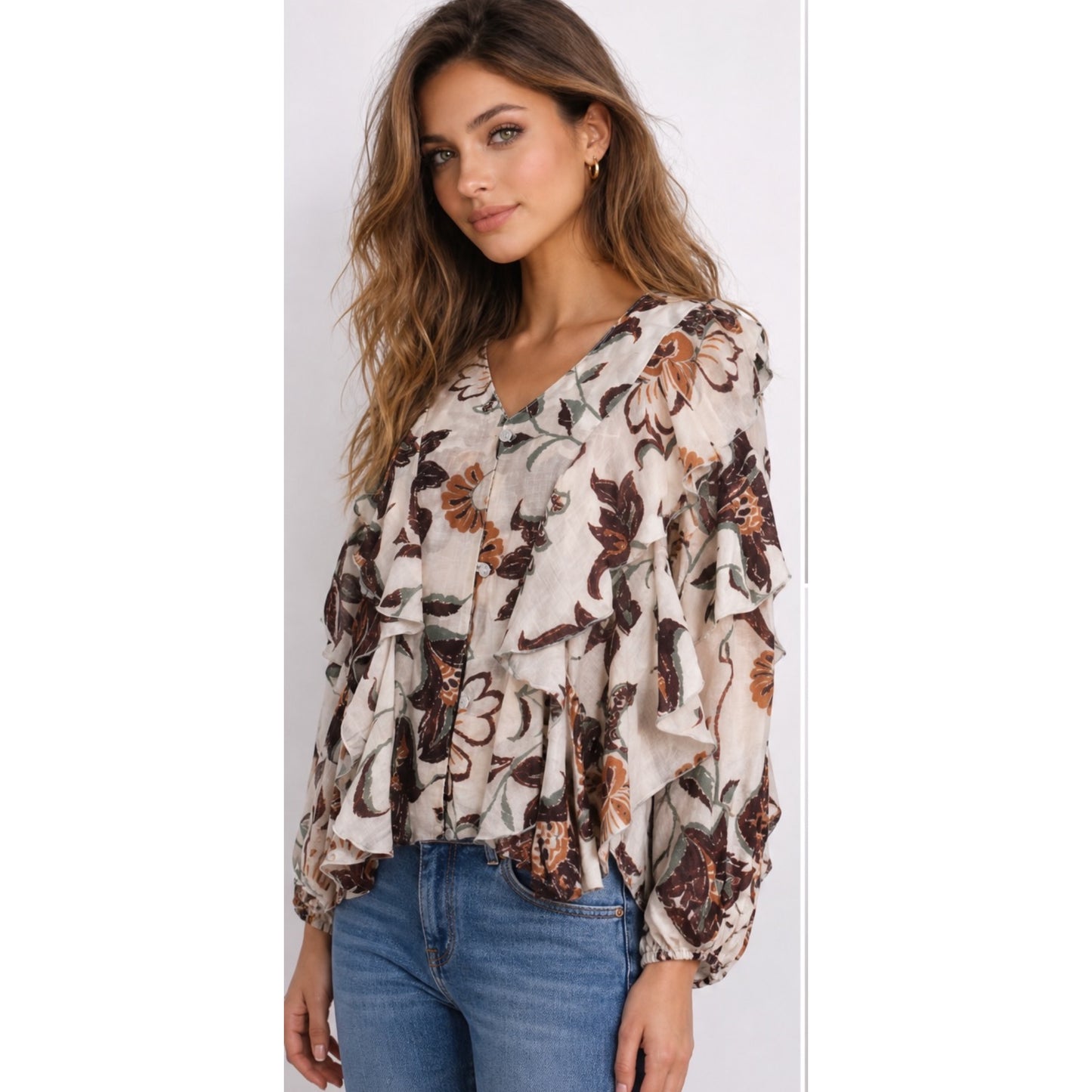 Autumn Bloom Ruffle Blouse Cream Floral