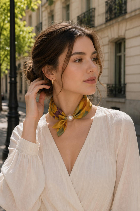 Neck Scarf Magnetic Pearl Mustard Floral