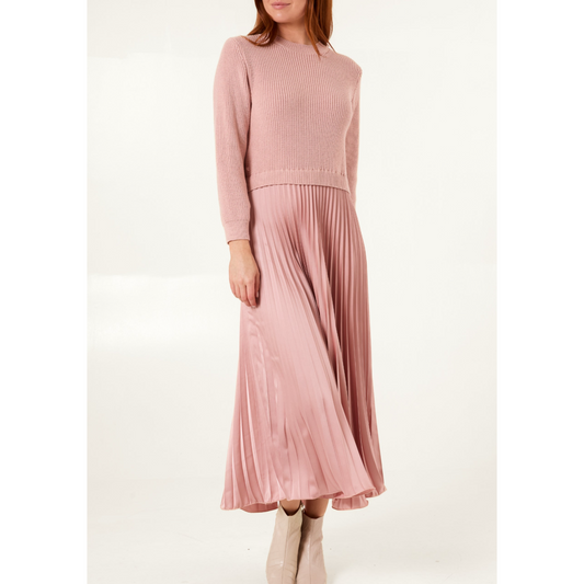 Knitted Top Satin Pleated Skirt Dress Dusty Pink (PREORDER)