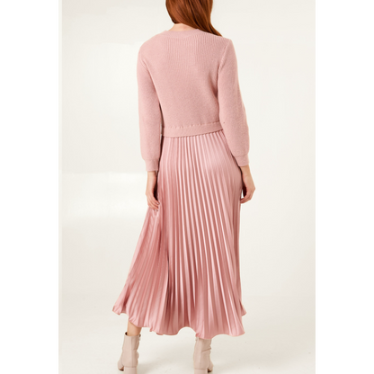 Knitted Top Satin Pleated Skirt Dress Dusty Pink (PREORDER)