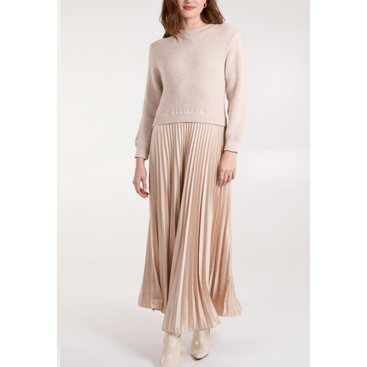 Knit Top Satin Pleated Skirt Dress Beige (PREORDER)