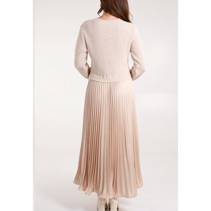 Knit Top Satin Pleated Skirt Dress Beige (PREORDER)