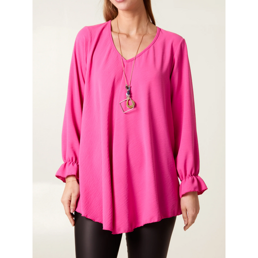 Necklace V Neck Bell Sleeve Blouse Fuschia Pink (PREORDER)