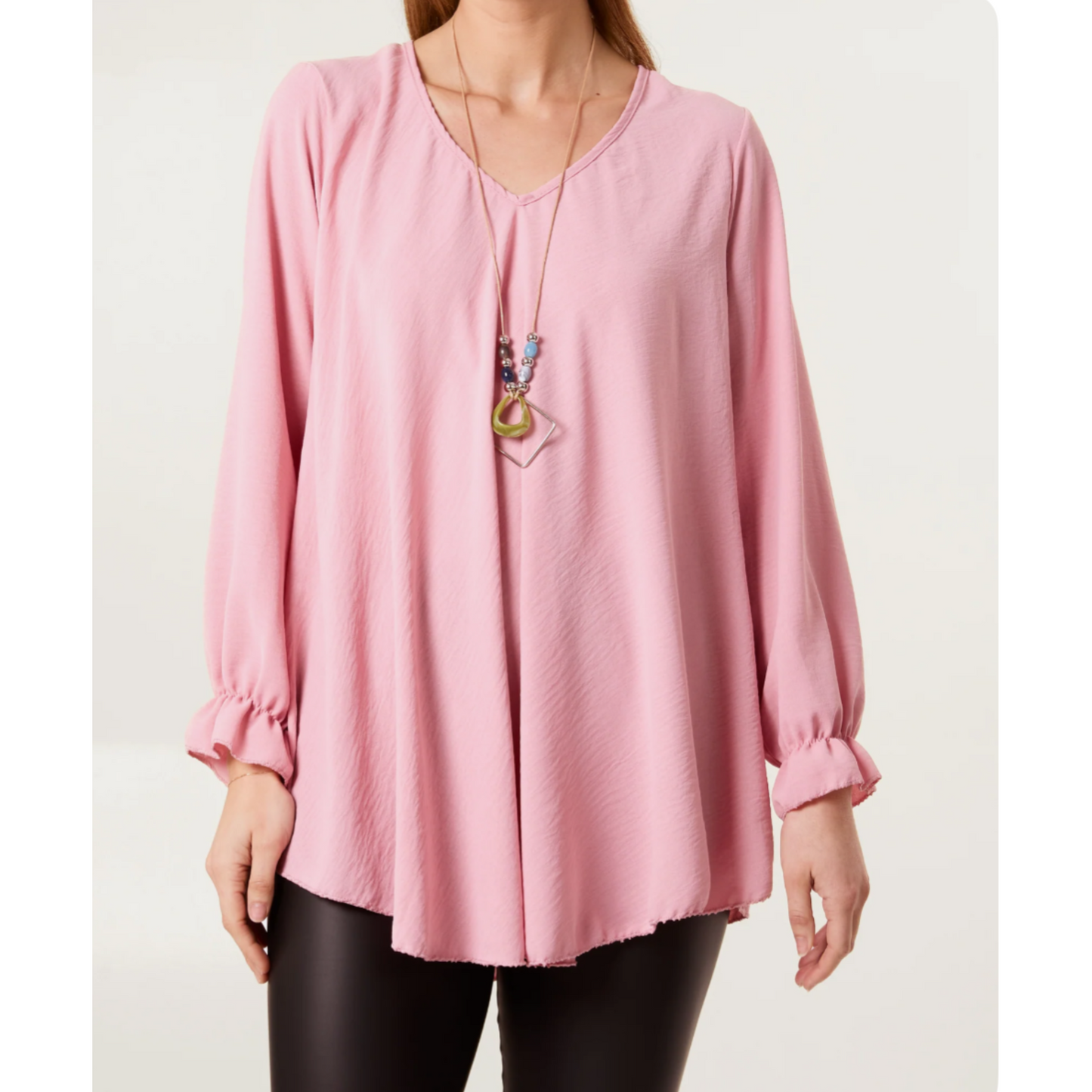 Necklace V Neck Bell Sleeve Blouse Dusty Pink (PREORDER)