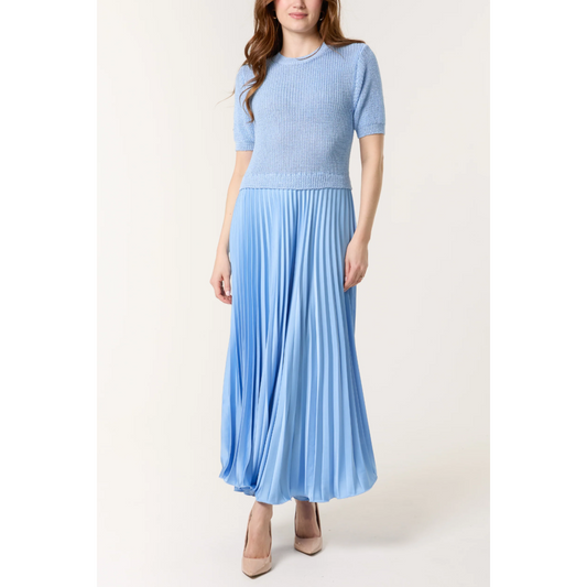 Knit Top Pleated Skirt Dress Powder Blue