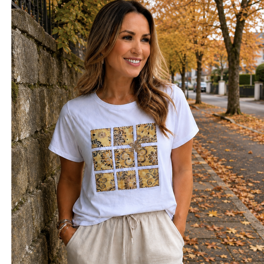 White Embellished Beige Mosaic Print T-Shirt