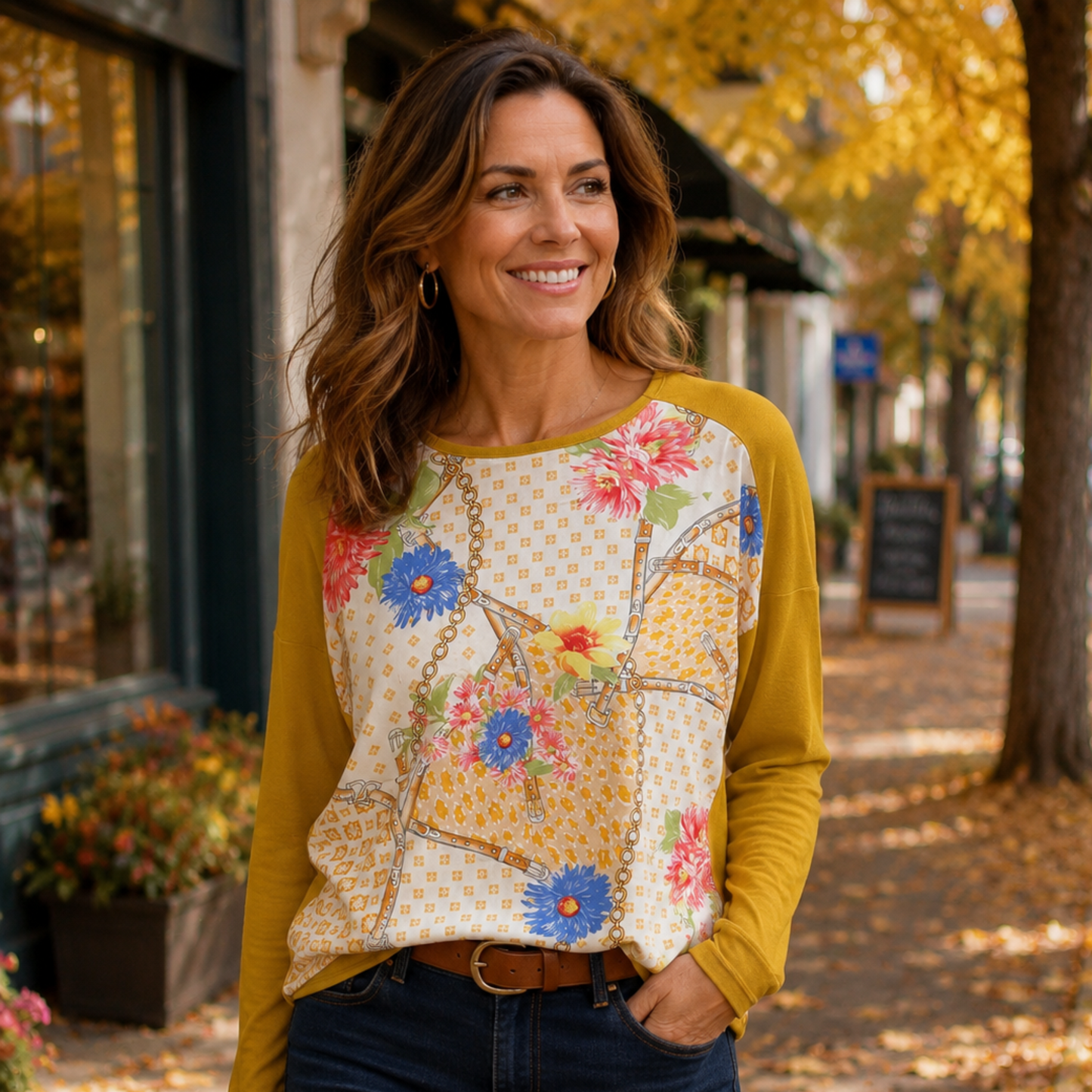 Mustard Floral Print Long Sleeve Top