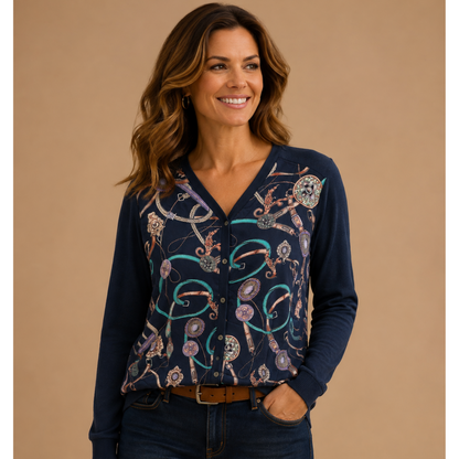 Navy Printed Button Front Cardigan