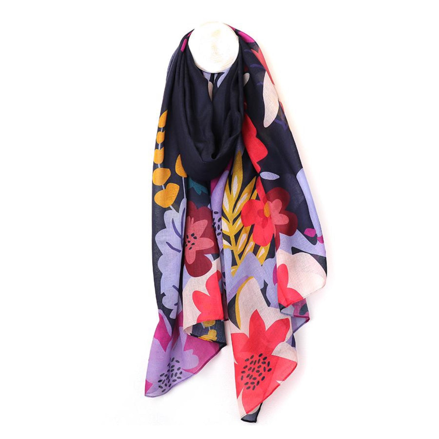 POM Navy blue recycled scarf with tropical print edge