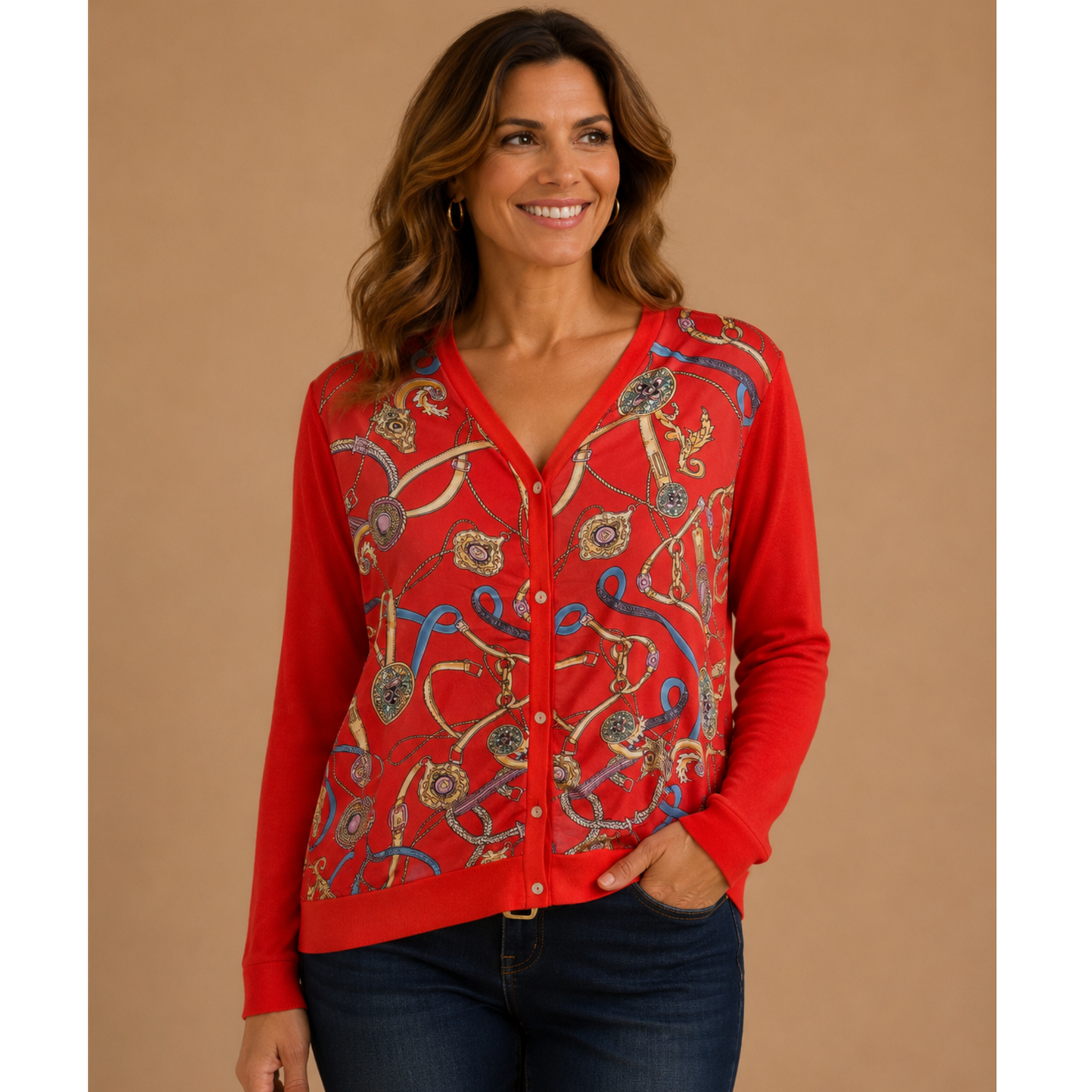 Red Printed Cardigan Button Front V Neck