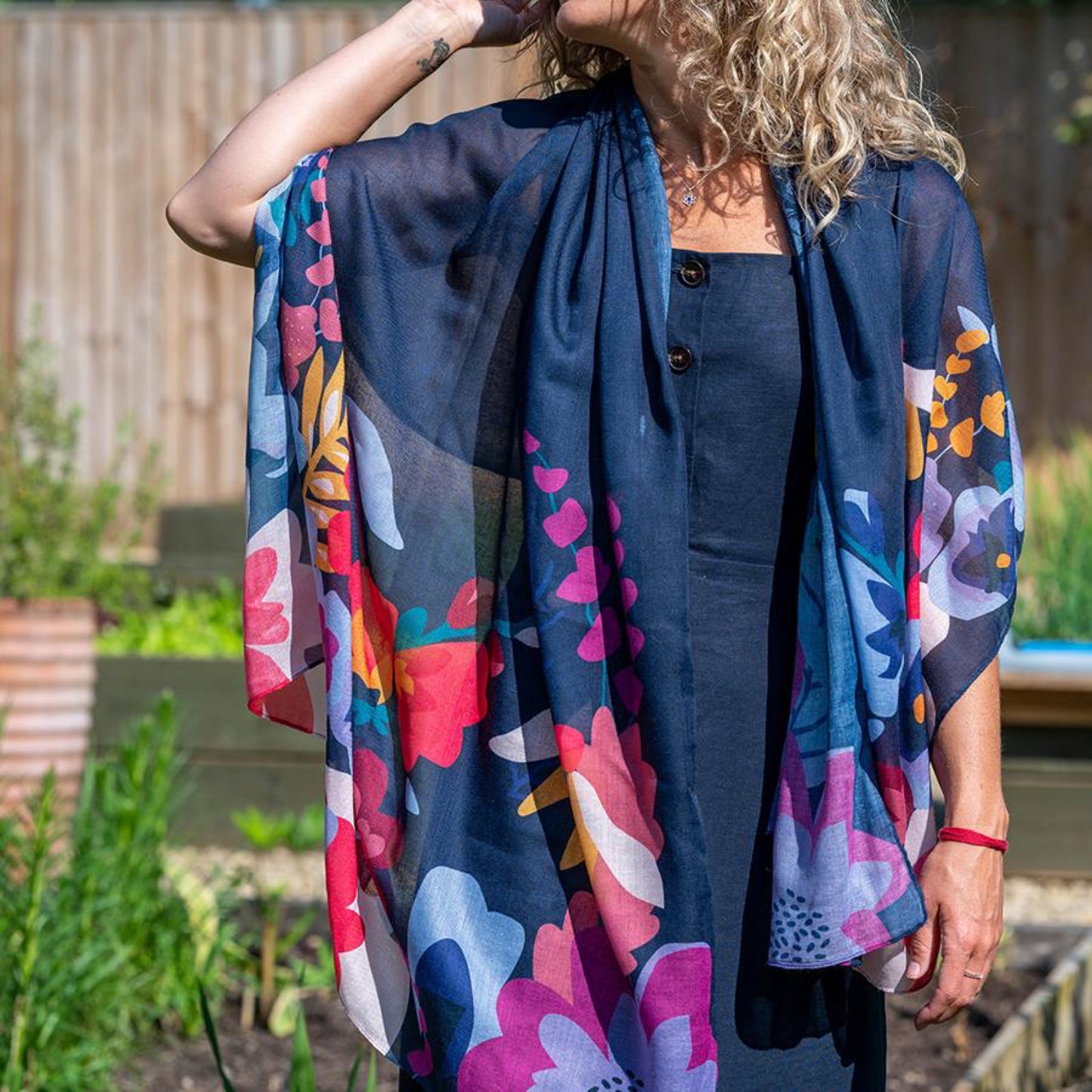 POM Navy blue recycled scarf with tropical print edge