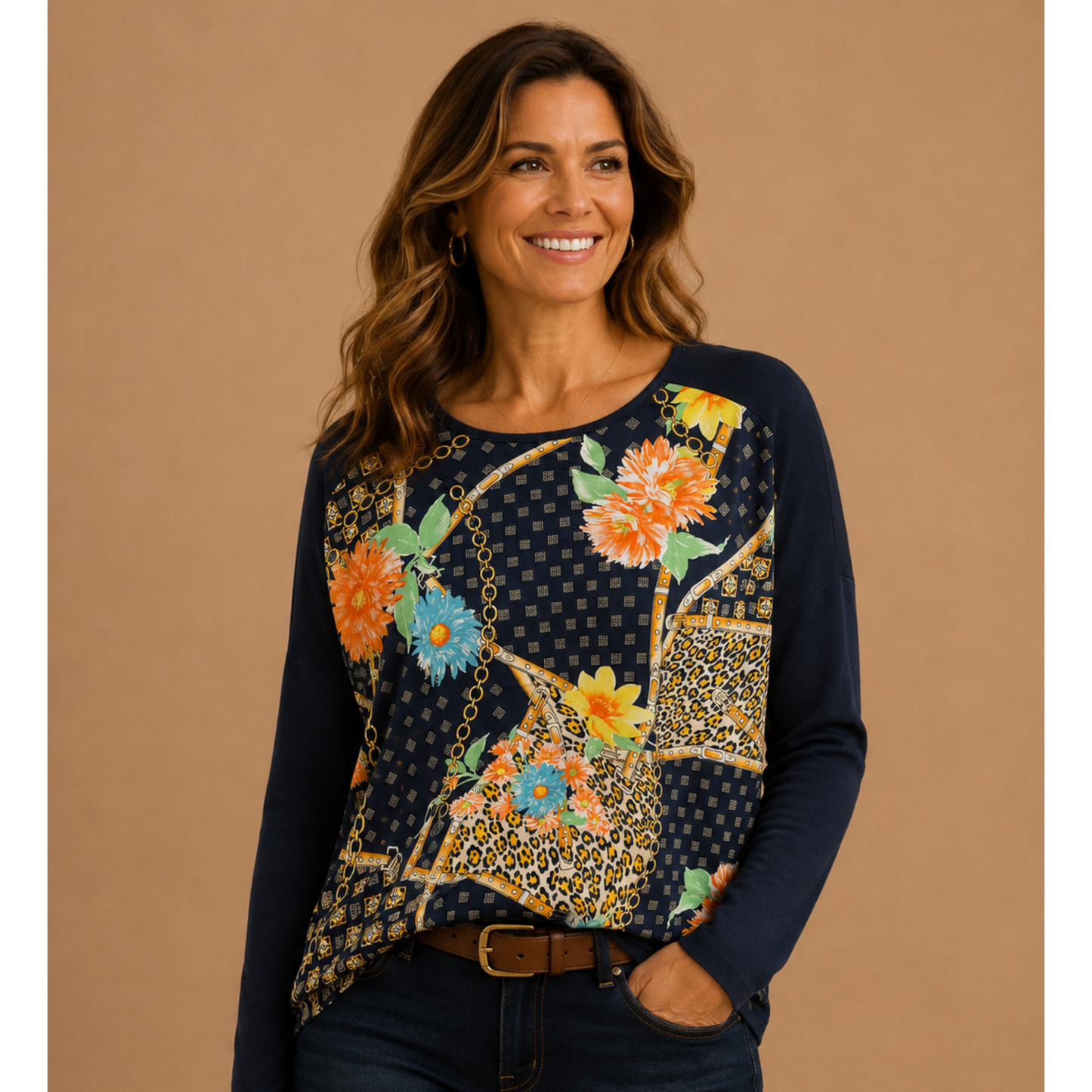 Navy Floral Print Long Sleeve Top