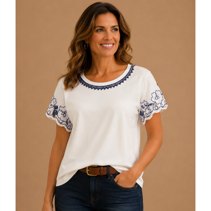 White Navy Embroidered Sleeve T-Shirt Beaded Neck