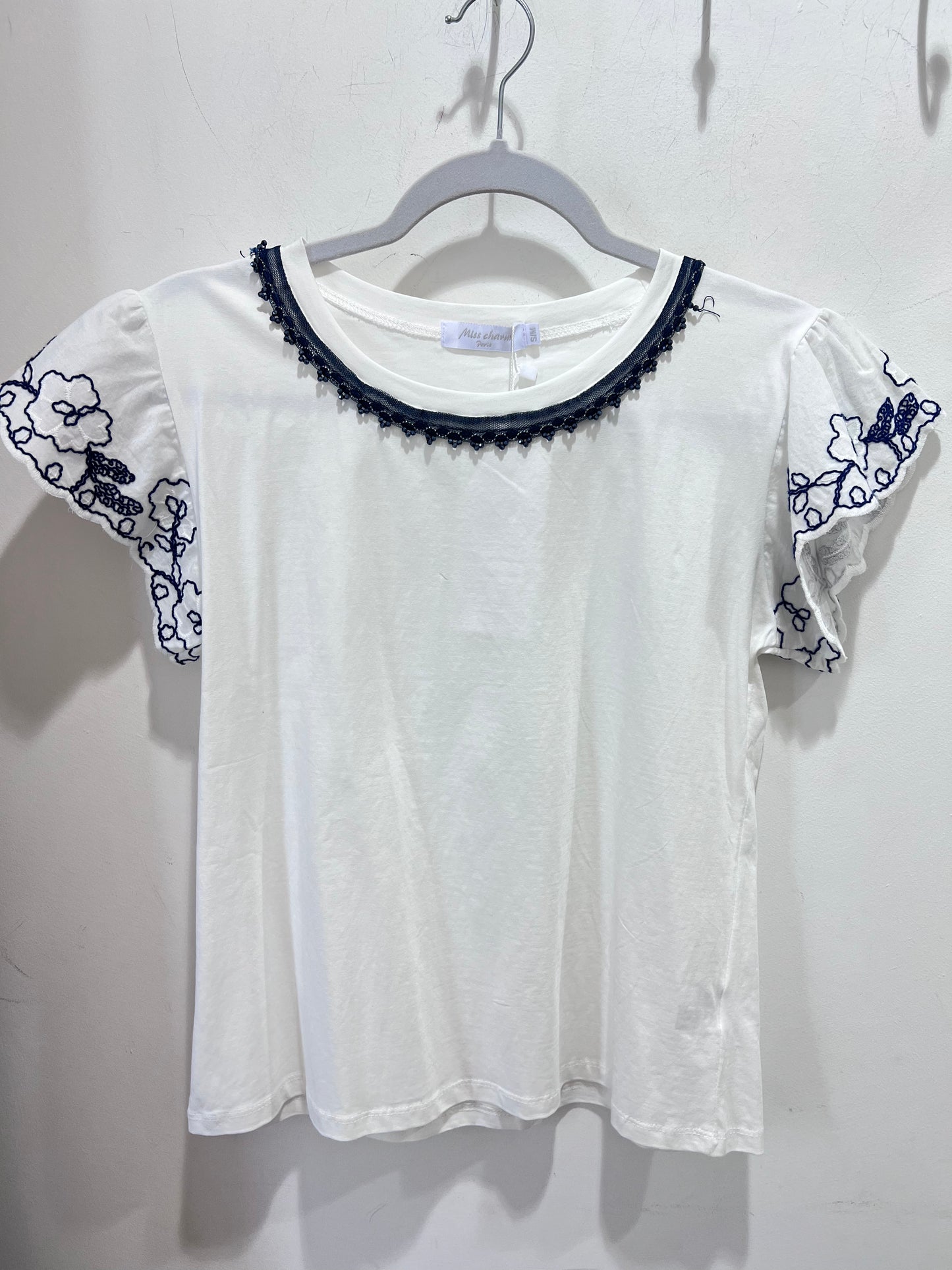 White Navy Embroidered Sleeve T-Shirt Beaded Neck
