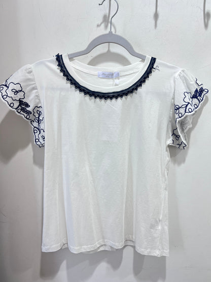 White Navy Embroidered Sleeve T-Shirt Beaded Neck