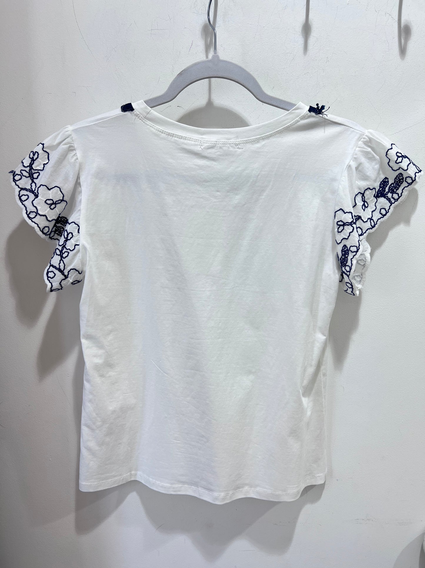 White Navy Embroidered Sleeve T-Shirt Beaded Neck