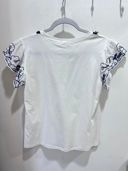 White Navy Embroidered Sleeve T-Shirt Beaded Neck