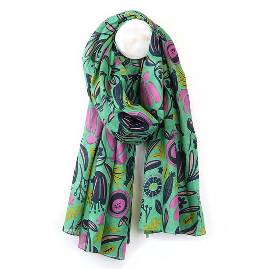 POM Organic cotton green mix abstract meadow print scarf