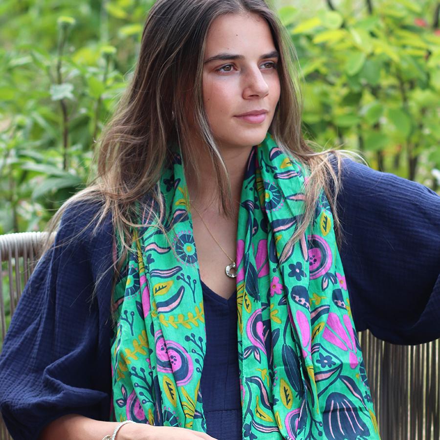 POM Organic cotton green mix abstract meadow print scarf