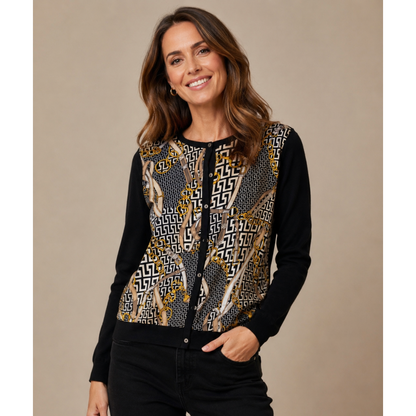 Black & Gold Chain Print Button Cardigan Lightweight Long Sleeve Knit